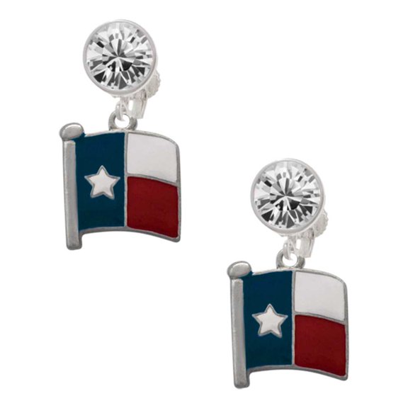 Silvertone Texas Flag - Lone Star Clear Crystal Clip On Earrings