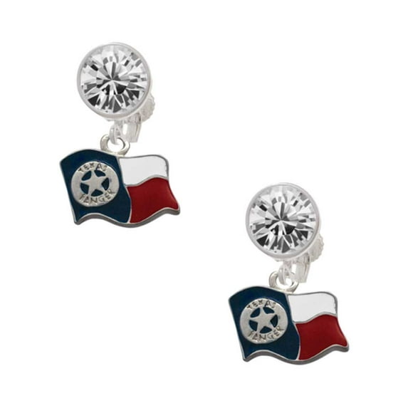 Silvertone Texas Flag - Ranger Clear Crystal Clip On Earrings