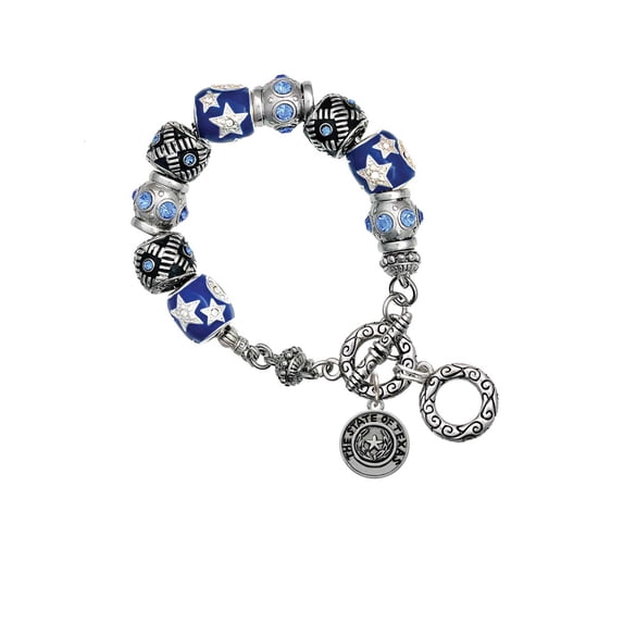 Silvertone Texas State Seal Blue Moon Bead Charm Bracelet
