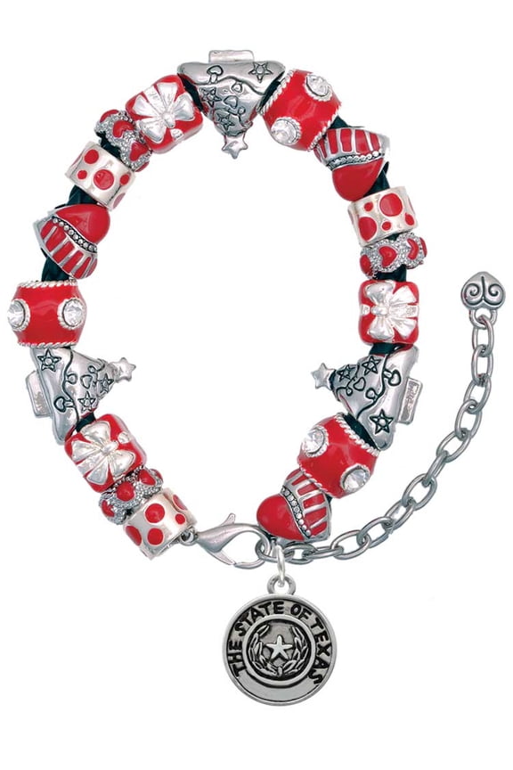 Silvertone Texas State Seal Red Christmas Bead Bracelet