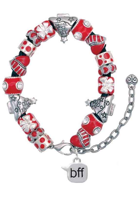 Silvertone Text Chat - bff - Best Friends Forever - Red Christmas Bead Bracelet