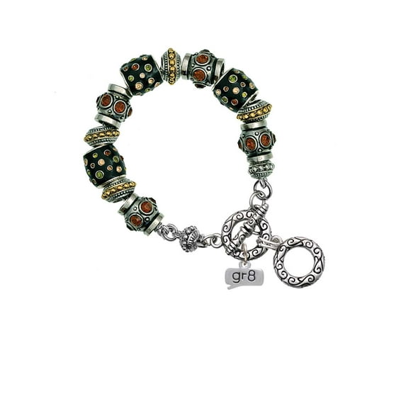 Silvertone Text Chat - gr8 - Great - Fall Crystal Bead Charm Bracelet