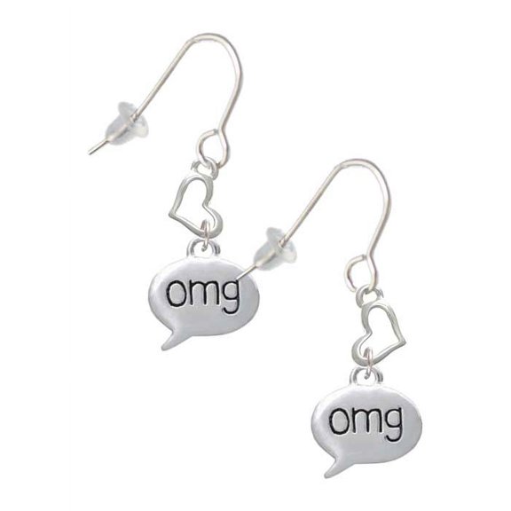Silvertone Text Chat - omg - Oh My God - Heart French Earrings