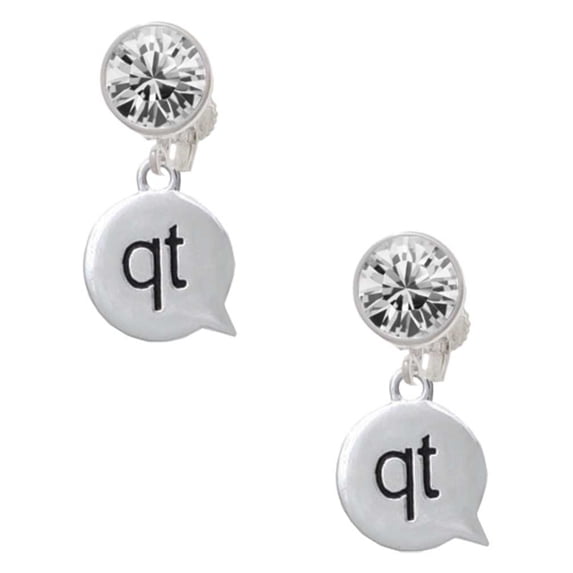 Silvertone Text Chat - qt - Cutie - Clear Crystal Clip On Earrings