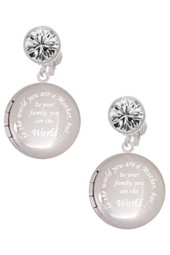 Silvertone To the World You are a Mother Round Locket Clear Crystal Clip On Earrings