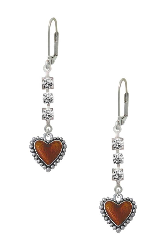Silvertone Translucent Brown Heart with Beaded Border Crystal Madison Leverback Earrings