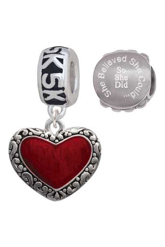 Silvertone Translucent Red Heart with Decorated Border 5K Run She Believed She Could Charm Beads (Set of 2)