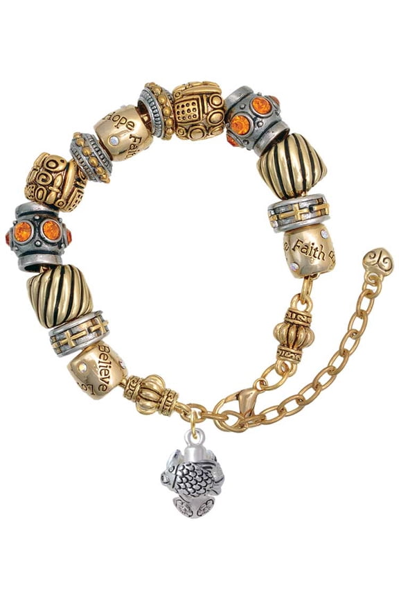 Silvertone Tropical Fishes Spinner Two Tone Christian Bead Bracelet