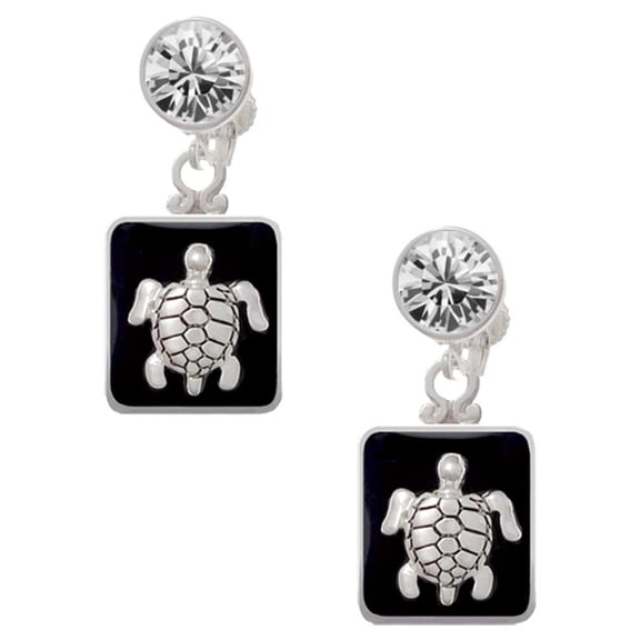 Silvertone Turtle on Black Frame Clear Crystal Clip On Earrings