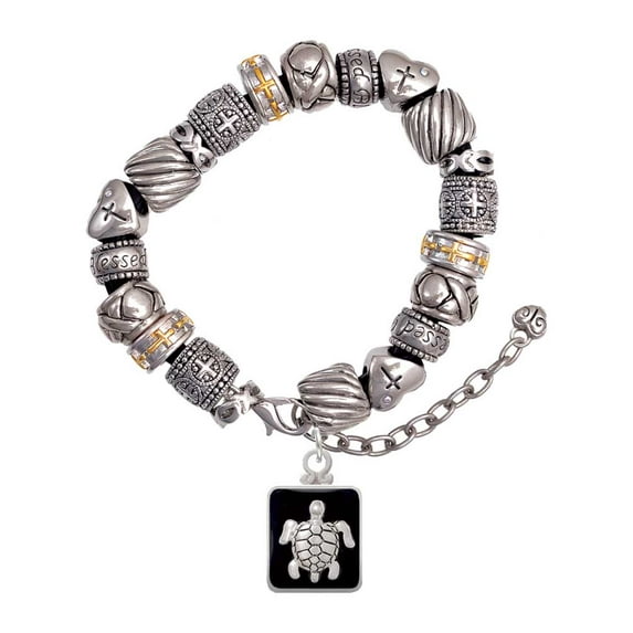 Silvertone Turtle on Black Frame Silver Tone Christian Bead Bracelet