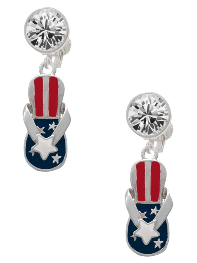Silvertone USA Patriotic Flip Flop with White Star Clear Crystal Clip On Earrings