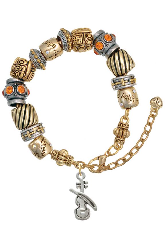 Silvertone Violin Two Tone Christian Bead Bracelet