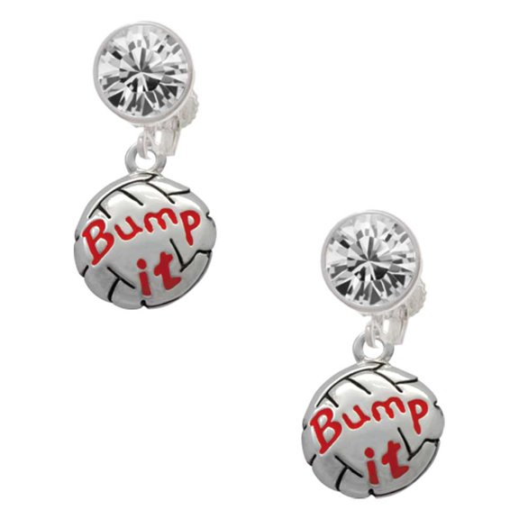 Silvertone Volleyball - ''Bump It'' Clear Crystal Clip On Earrings