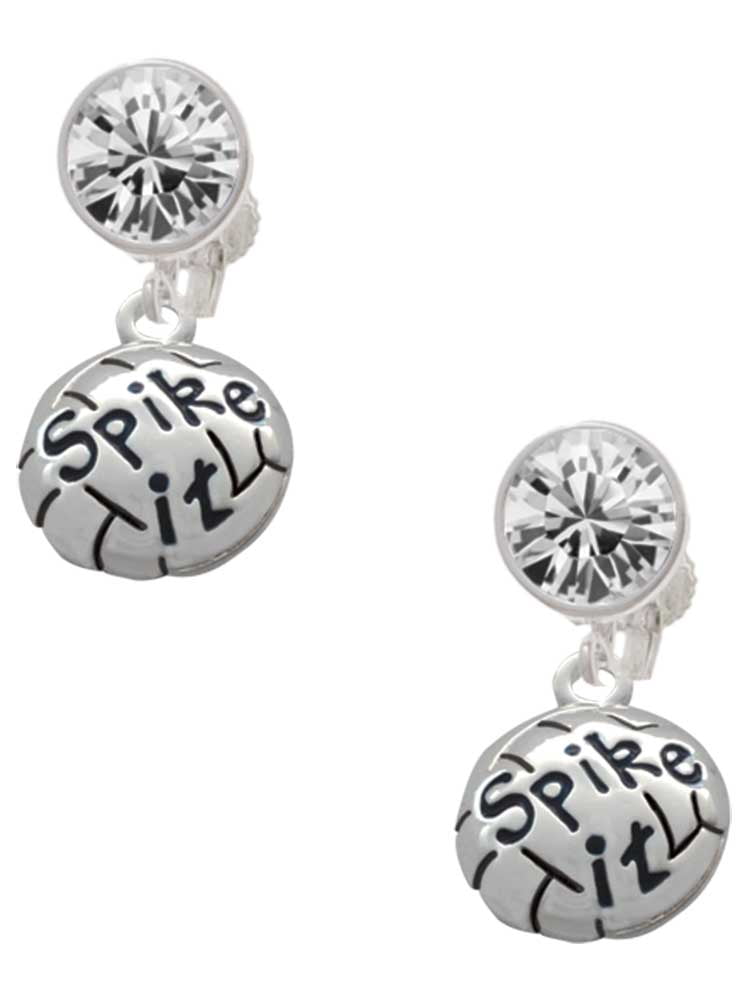 Silvertone Volleyball - ''Spike It'' Clear Crystal Clip On Earrings