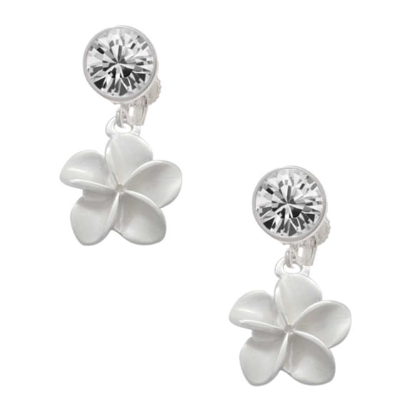 Silvertone White Plumeria Flower Clear Crystal Clip On Earrings