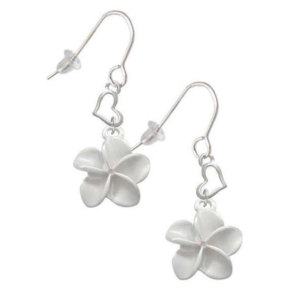 Silvertone White Plumeria Flower Heart French Earrings