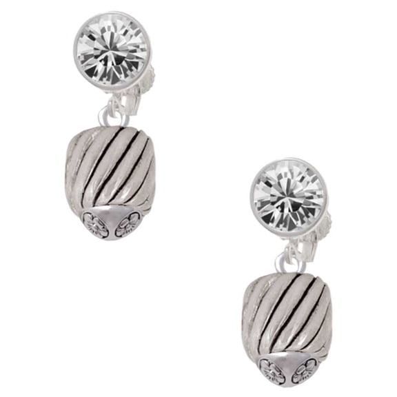 Silvertone Wide Diagonal Cable Spinner Clear Crystal Clip On Earrings