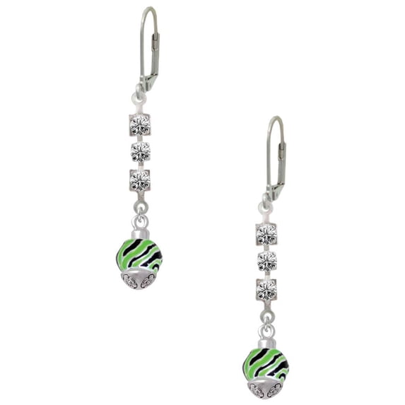 Silvertone Wide Lime Green Zebra Print Band Spinner Crystal Madison Leverback Earrings