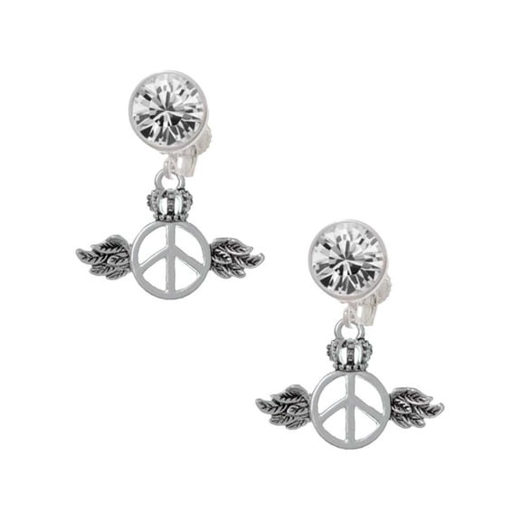 Silvertone Winged Peace Sign with Crown Clear Crystal Clip On Earrings