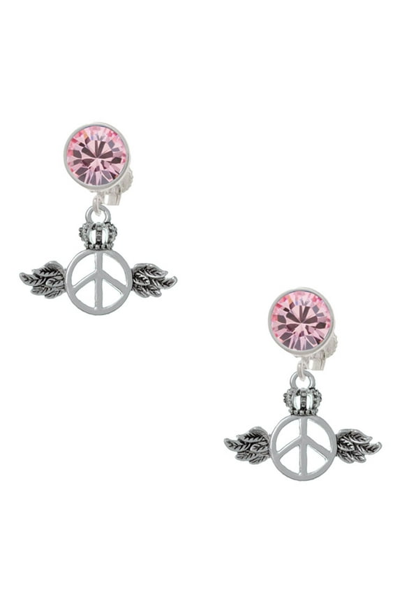 Silvertone Winged Peace Sign with Crown Pink Crystal Clip on Earrings