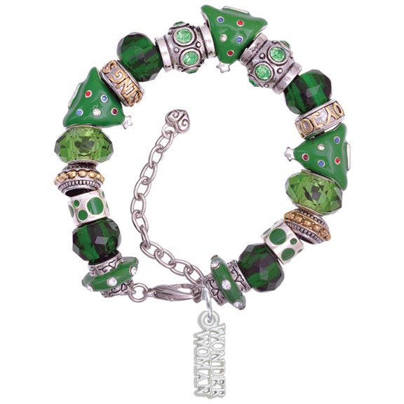 Silvertone Wonder Woman Green Christmas Bead Bracelet