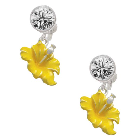 Silvertone Yellow Hibiscus Flower Clear Crystal Clip On Earrings