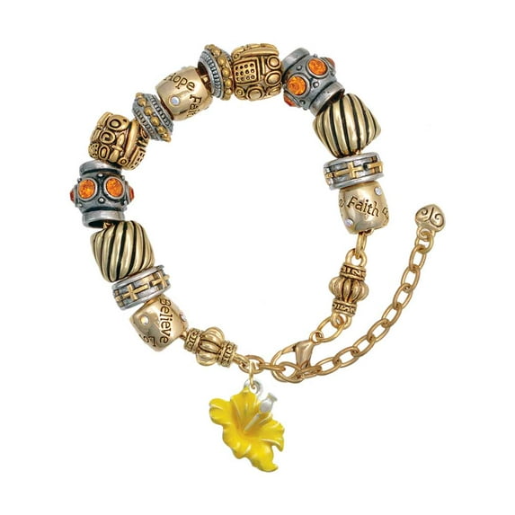 Silvertone Yellow Hibiscus Flower Two Tone Christian Bead Bracelet
