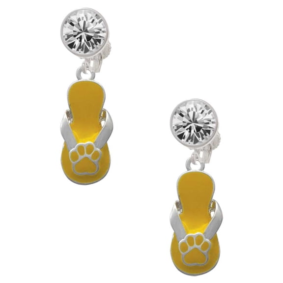 Silvertone Yellow Paw Flip Flop Clear Crystal Clip On Earrings