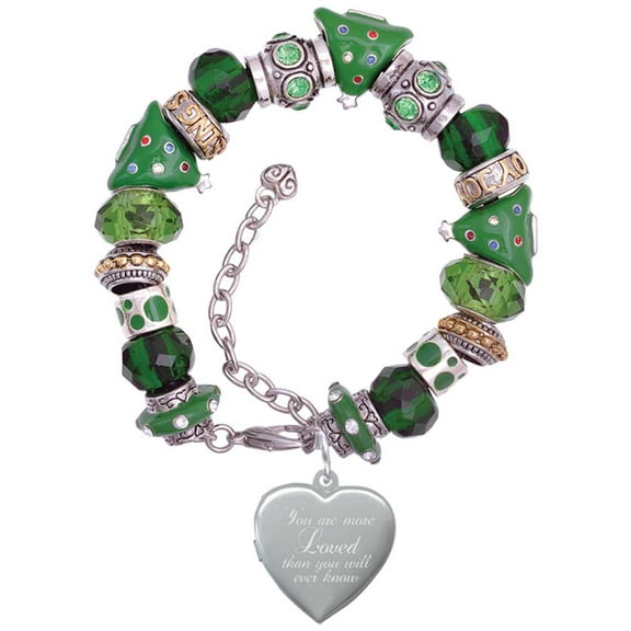 Silvertone You Are More Loved Engraved Locket Green Christmas Bead Bracelet
