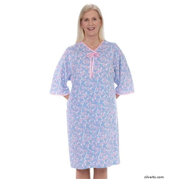 Silverts 260003003 Womens Hospital Soft Cotton Knit Adaptive Pattern Night Gown, Blue Desert - Large