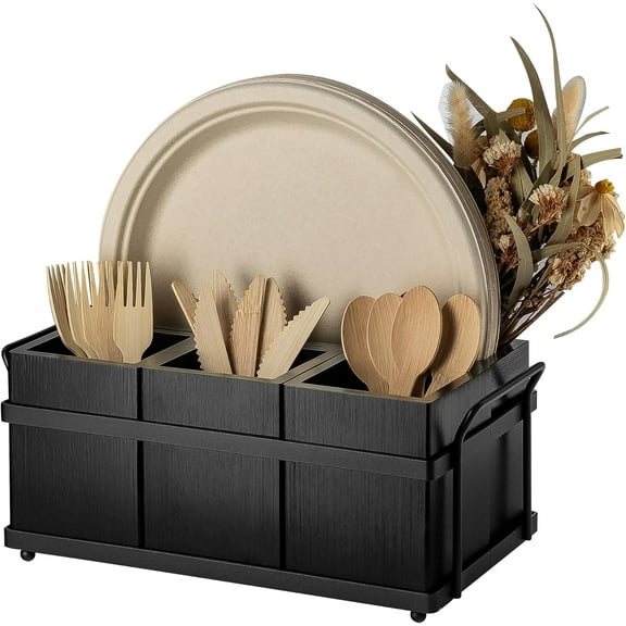 Silverware Caddy Black Wood Silverware Holder Paper Plate Dispenser Utensil Caddy Cutlery Flatware Organizer Box for Spoons Forks Plates Napkins