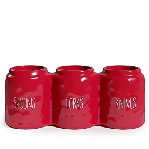 Silverware Caddy for Countertop - Cutlery Organizer for Spoon, Fork, and Knife - Ceramic Utensil Holder for Flatware or Plasticware - Perfect for Parties - 12.5” x 4.25” x 5” (Red)