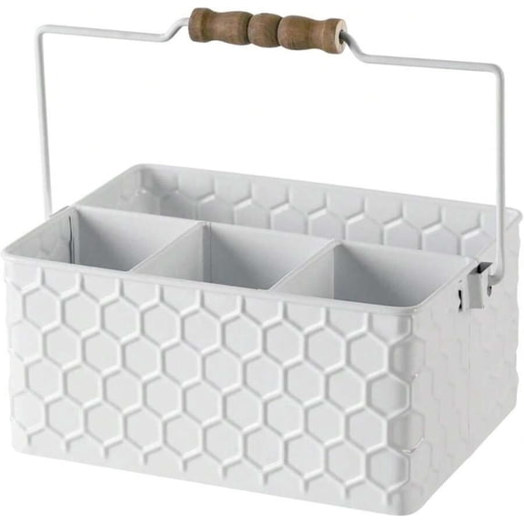 Silverware Caddy for Party and Kitchen Countertop, White Metal Flatware Holder with Honeycomb Pattern, 4 Compartment Utensil Organizer for Spoons, Knives, Forks, and Napkins