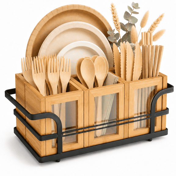Silverware Caddy Wood Utensil Holder Silverware Utensil Caddy Cutlery Flatware Paper Plate Dispenser Organizer for Spoons Forks Plates Napkins