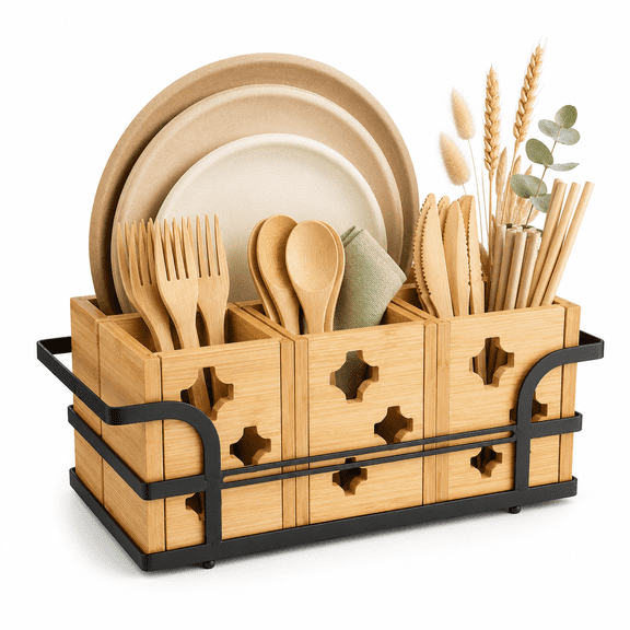 Silverware Caddy Wood Utensil Holder Silverware Utensil Caddy Cutlery Flatware Paper Plate Dispenser Organizer for Spoons Forks Plates Napkins (Star)