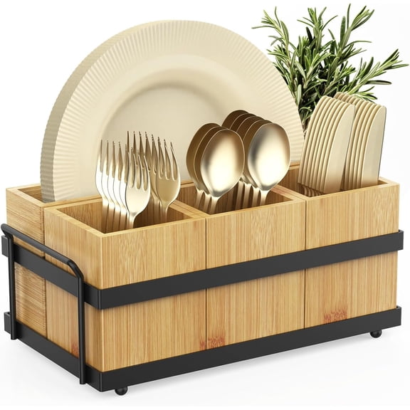 Silverware Caddy for Party, Wood Utensil Caddy with 4 Removable Compartments