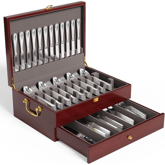 Silverware Case Flatware Chest with Felt Lined,Flatware Storage Box for 12 sets of Utensils,Silverware Chest without Silverware,Silverware Organizer with Lid