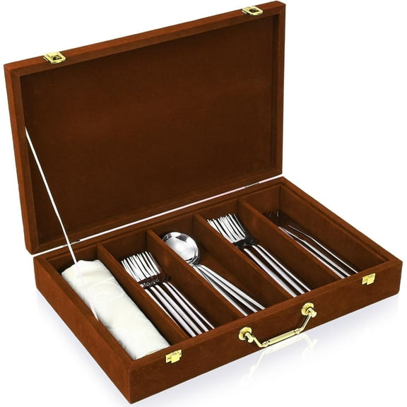 Silverware Case with Lid and Handle, Silverware Storage Box Sterling Silver Flatware Chest Without Silver Tarnish Proof Utensils Organizer for Kitchen Decor Wedding Gifts(Coffee,1 Layer)