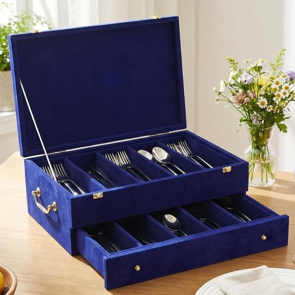 Silverware Case with Lid and Handle,Silverware Storage Box Sterling Silver Flatware Chest Without Silver Tarnish Proof Utensils Organizer for Kitchen Decor Wedding Gifts (Royal Blue,2 Layer)