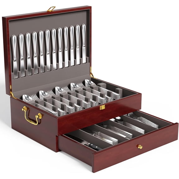 Silverware Chest Case with Lid and Felt Lined,Wood Flatware Storage Box for 12 sets of Utensils,Silverware Boxes for Flatware,Silverware Chest without Silverware