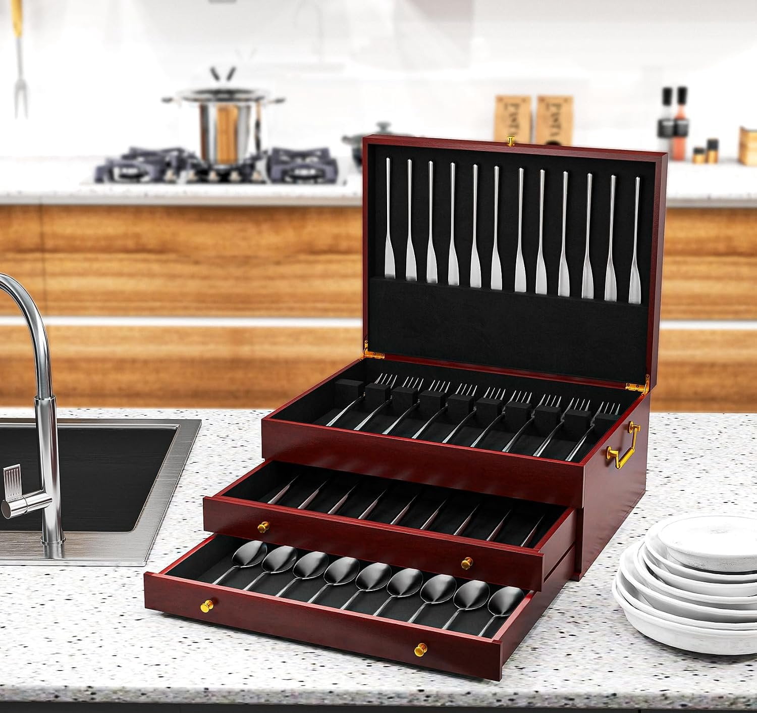 Silverware Chest Without Silverware 3-Layer,Silverware Box Storage ...