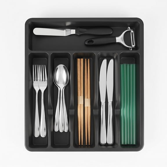 Silverware Drawer Organizer, 6 Compartment Plastic Utensil Tray for Kitchen Storage, Flatware and Cutlery Holder, Cutlery Drawer Organizer for Spoons Forks Knives