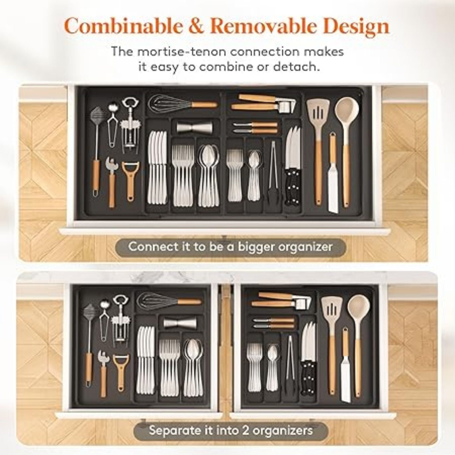 Silverware Drawer Organizer, Expandable BPA Free Plastic Utensil Tray for Kitchen, Adjustable Flatware Cutlery Holder for Spoons Forks Knives, 21.3- 36 x 16.9", Black