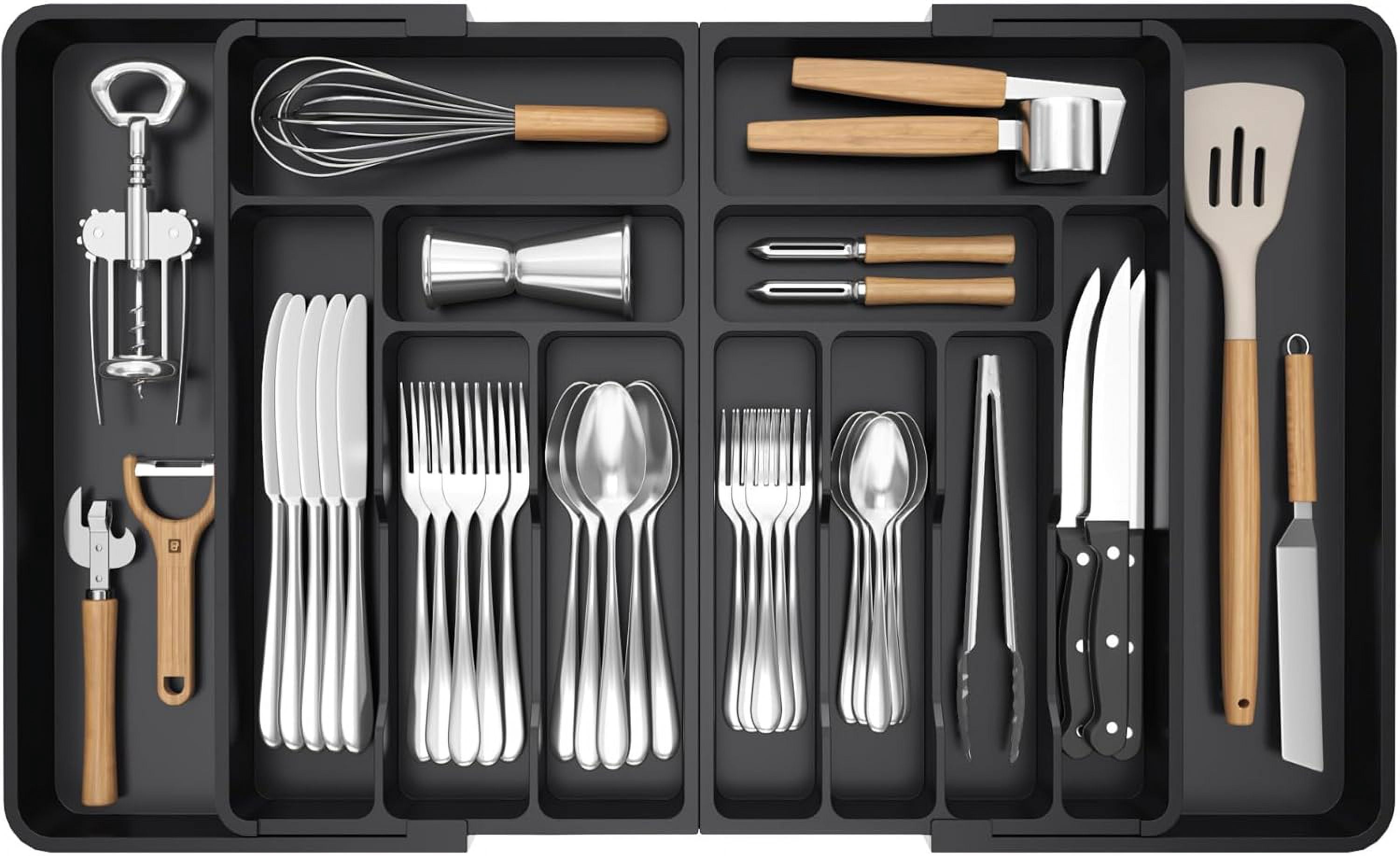 Silverware Drawer Organizer, Expandable BPA Free Plastic Utensil Tray for Kitchen, Adjustable Flatware Cutlery Holder for Spoons Forks Knives, 21.3- 36 x 16.9", Black