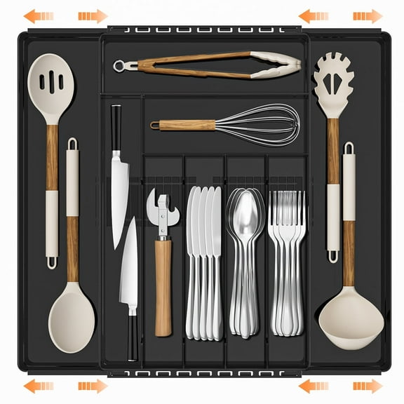 GPED Silverware Drawer Organizer, Expandable Clear Acrylic Silverware Organizer, Kitchen Drawer Organizer for Utensils, Adjustable Cutlery Tray, Office, Supplies-9 Compartments, Large, Black