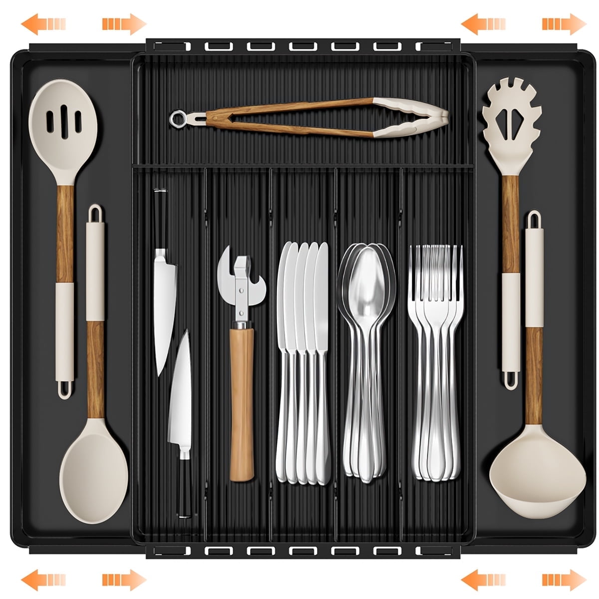 GPED Silverware Drawer Organizer, Expandable Clear Acrylic Silverware Organizer, Kitchen Drawer Organizer for Utensils, Adjustable Cutlery Tray, Office, Supplies-8 Compartments, Medium, Black