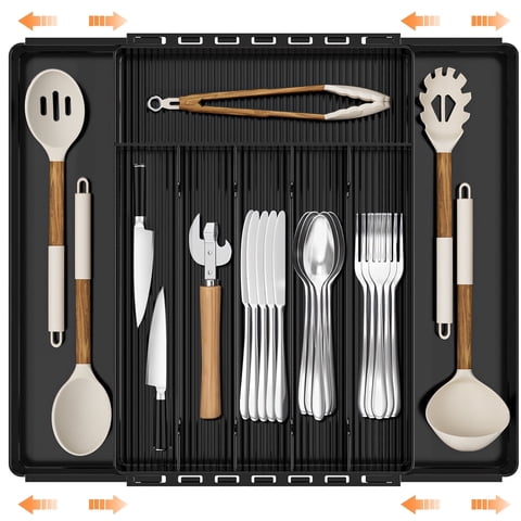 GPED Silverware Drawer Organizer, Expandable Clear Acrylic Silverware Organizer, Kitchen Drawer Organizer for Utensils, Adjustable Cutlery Tray, Office, Supplies-8 Compartments, Medium, Black