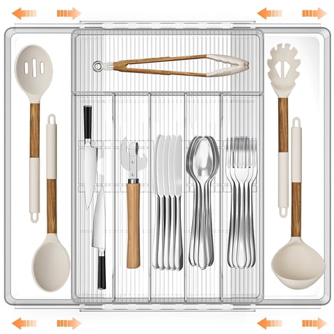 GPED Silverware Drawer Organizer, Expandable Clear Acrylic Silverware Organizer, Kitchen Drawer Organizer for Utensils, Adjustable Cutlery Tray, Office, Supplies-8 Compartments, Medium, Clear