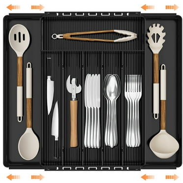 Silverware Drawer Organizer, Expandable Clear Acrylic Silverware Organizer, Kitchen Drawer Organizer for Utensils, Adjustable Cutlery Tray, Office, Bathroom Supplies-8 Compartments, Medium, Black