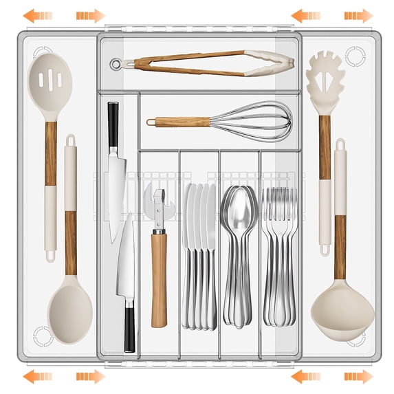 GPED Silverware Drawer Organizer, Expandable Clear Acrylic Silverware Organizer, Kitchen Drawer Organizer for Utensils, Adjustable Cutlery Tray, Office, Supplies-9 Compartments, Large, Clear